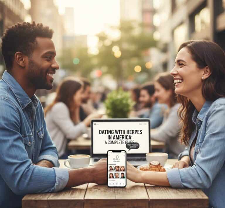 Happy couple dating outdoors with laptop and phone about herpes in America.