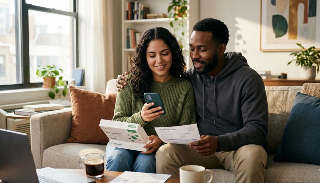 Couple discussing STD testing results honestly together on a sofa.