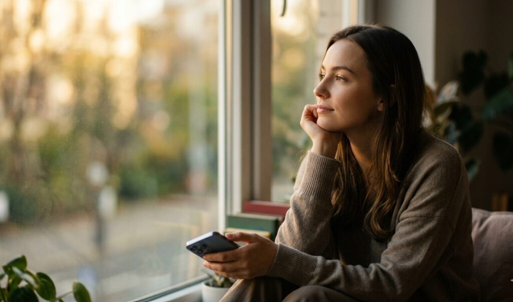 A thoughtful young woman sitting by a window in soft natural light, holding a smartphone, representing the reflection and new beginnings after a health diagnosis.