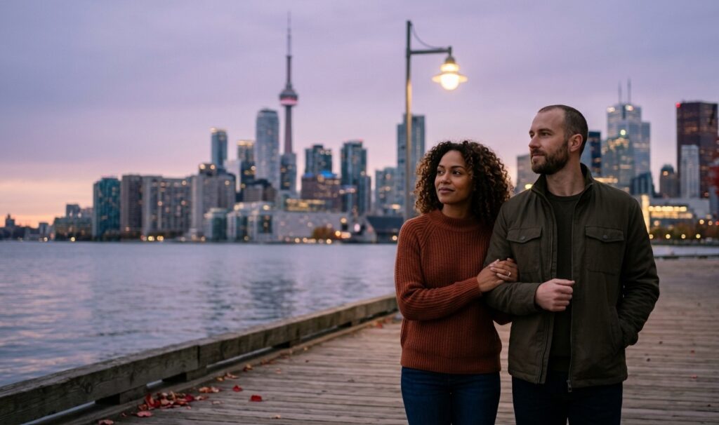 A couple walking along a boardwalk by a lake with a city skyline in the background under a purple and orange twilight sky. The Toronto CN Tower is a prominent part of the skyline.