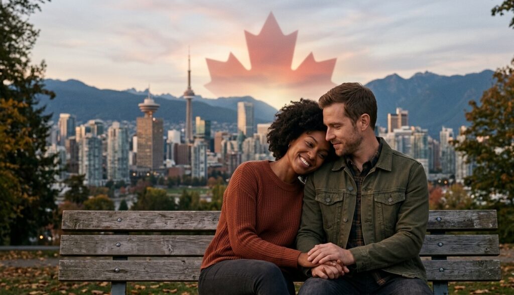 A happy, diverse couple (African American woman and white man) sit intimately on a park bench against the backdrop of the Canadian city skyline at sunset, with a giant glowing maple leaf faintly visible in the sky.
