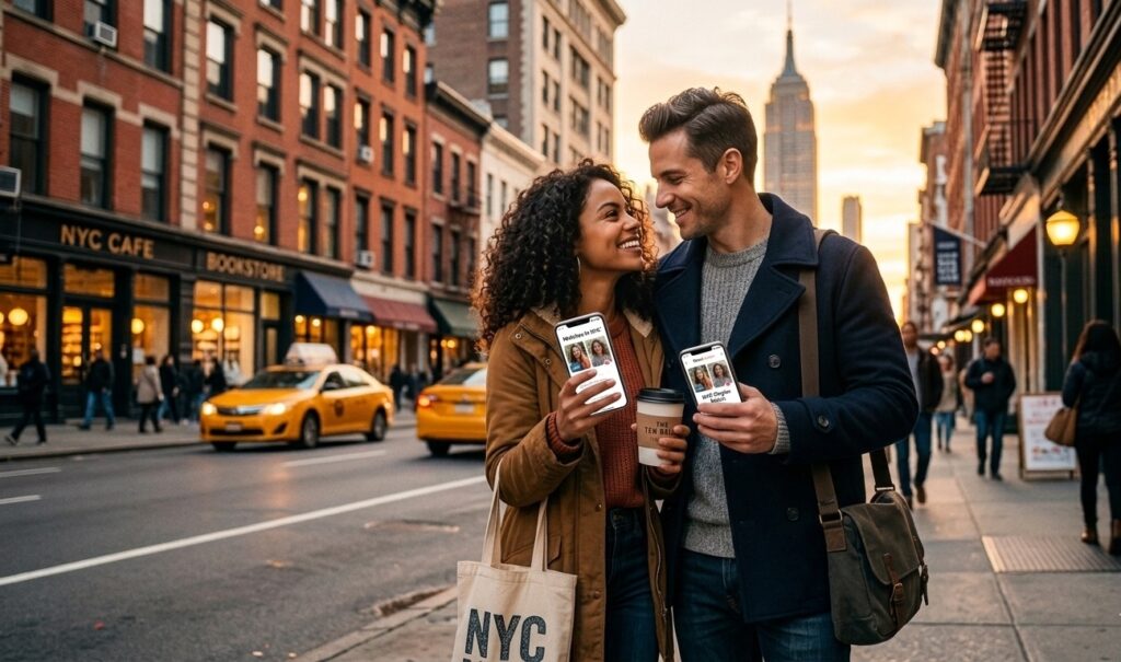 A happy, diverse couple sharing a romantic moment on a classic NYC street at sunset, looking at their smartphones which display a positive community for HSV singles and herpes dating in New York.