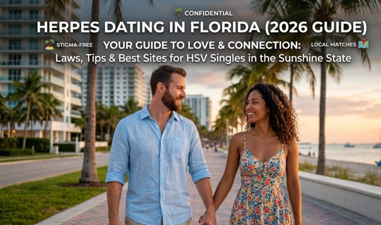 Cover image for Florida Herpes Dating 2026 Guide featuring a smiling couple walking on a Miami beach at sunset, emphasizing a positive and stigma-free dating scene in the Sunshine State.
