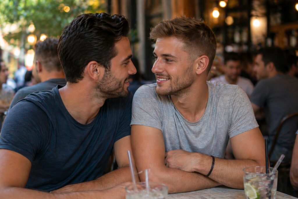 Two attractive men on a date in a café sharing a warm, genuine moment, representing gay herpes dating and an honest guide for LGBTQ singles with HSV