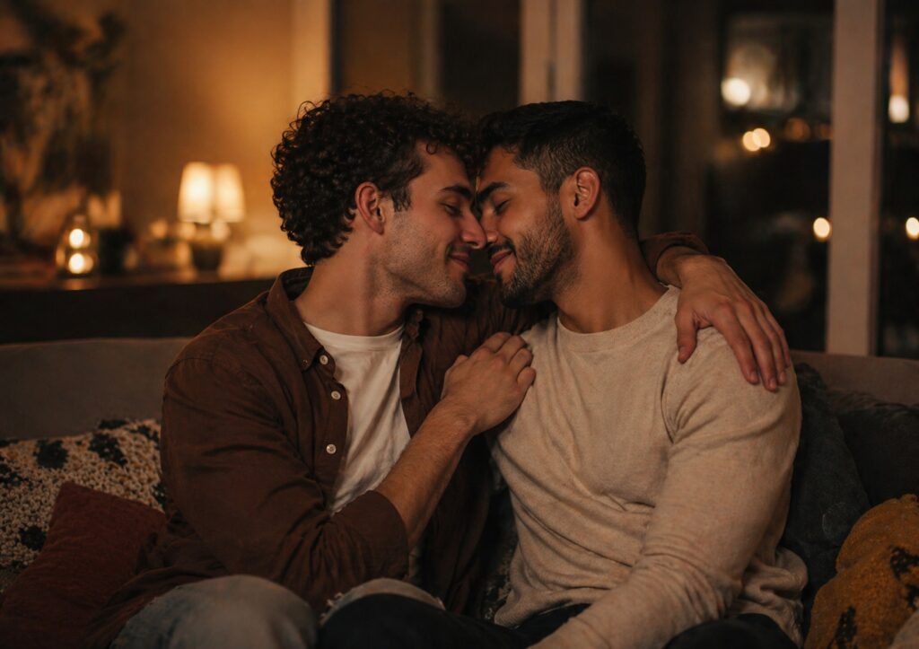 Gay couple sharing an intimate moment on a couch at home, representing HIV-positive dating, U=U awareness, and stigma-free relationships