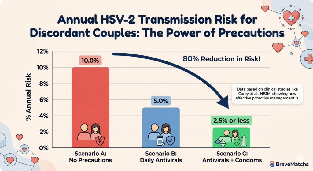Bar chart showing annual HSV-2 transmission risk reduction for discordant couples: from 10% with no precautions to 2.5% or less with daily antivirals and condom use.