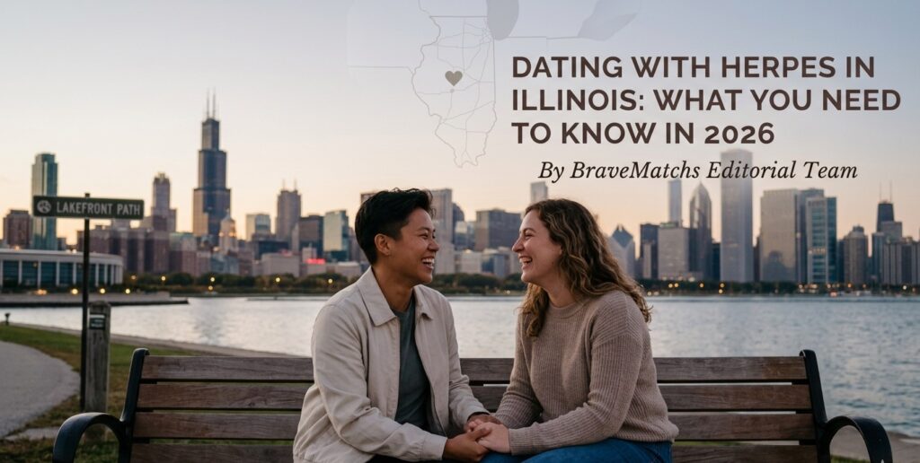 "Cover image for BraveMatchs guide showing a couple connecting near the Chicago skyline. Text overlay reads: Dating with Herpes in Illinois: What You Need to Know in 2026."