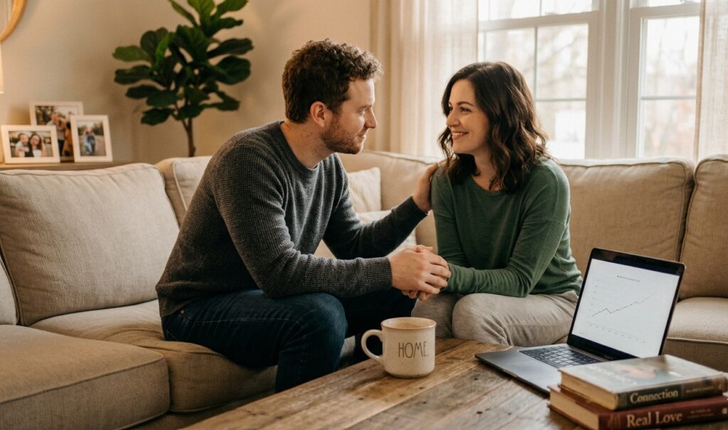 An intimate portrait of a modern couple demonstrating trust and affection, suitable for a herpes dating success stories article.