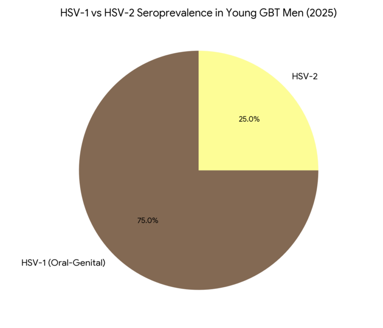 A pie chart illustrating that in young gay and bisexual men, HSV-1 (often transmitted via oral sex) is three times more prevalent than HSV-2, accounting for 75% of infections compared to 25% for HSV-2.
