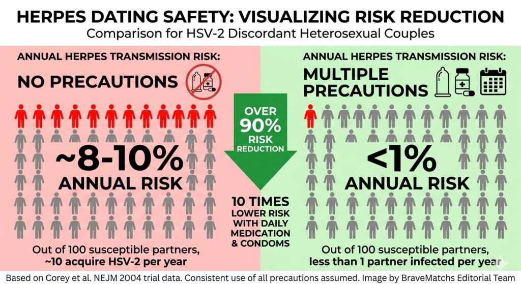 Infographic comparing annual HSV-2 transmission risk: ~8–10% with no precautions versus <1% when combining daily suppressive therapy, condoms, and avoiding sex during outbreaks.
