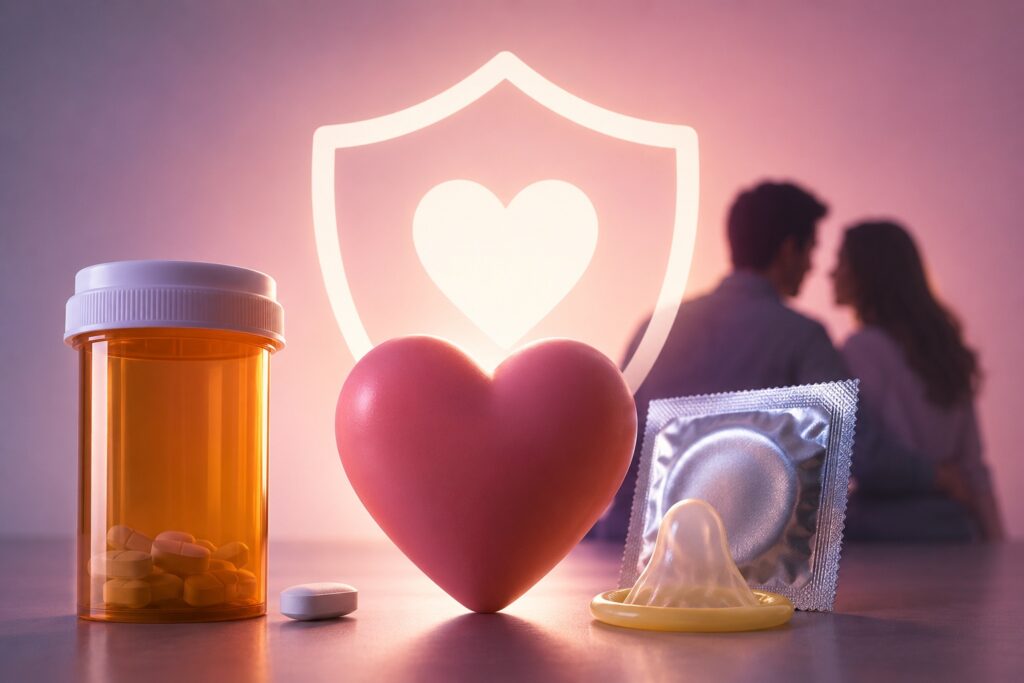 Heart-shaped symbol beside antiviral medication and condoms with a softly blurred couple in the background, representing safer herpes dating, communication, and protection strategies.