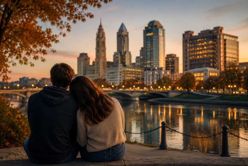 HSV-positive couple enjoying a quiet date near an Ohio city skyline at sunset
