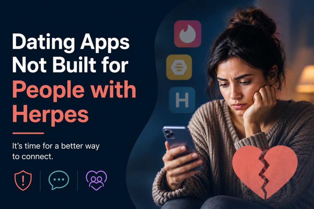 Young woman looking worried while using a phone, representing the challenges HSV-positive users face with disclosure, stigma, and finding support on a herpes dating app.