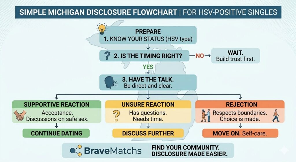 A simplified Michigan Herpes (HSV) disclosure flowchart for singles, illustrating steps from preparation to handling various outcomes like support, uncertainty, or rejection.