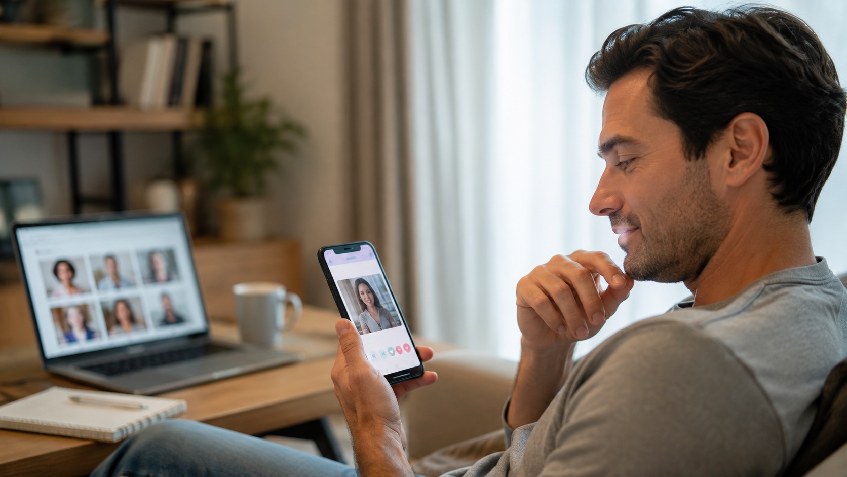 A man compares free herpes dating apps on his phone at home, with a laptop showing dating profiles in the background.