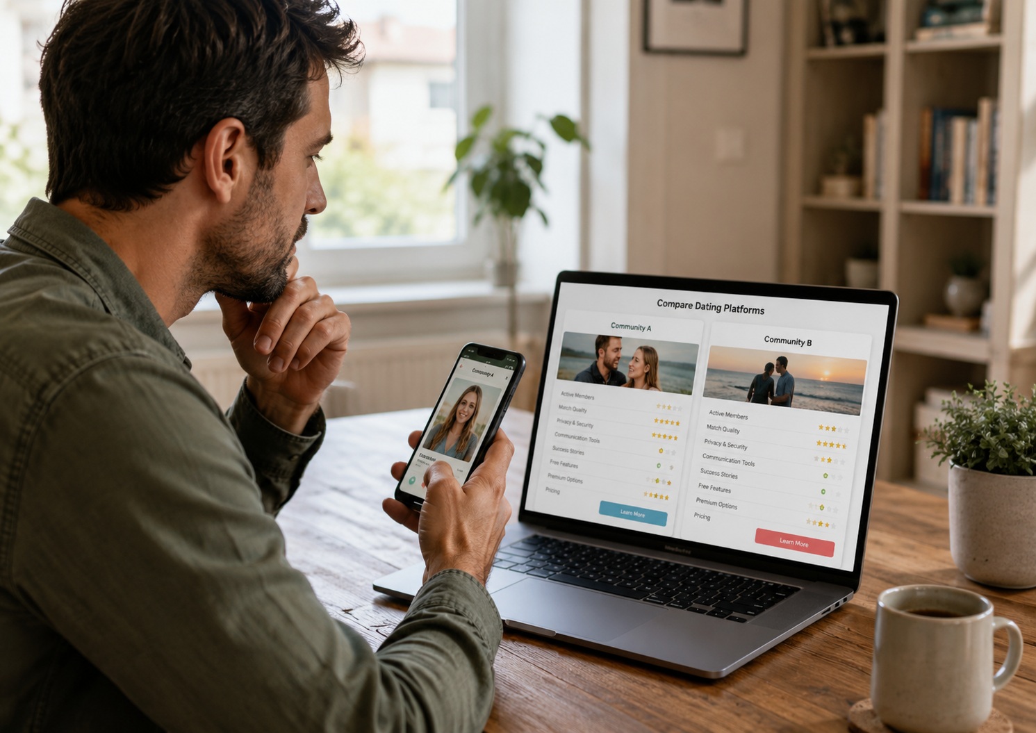 Man comparing herpes dating site options on a laptop and phone in a private home setting.