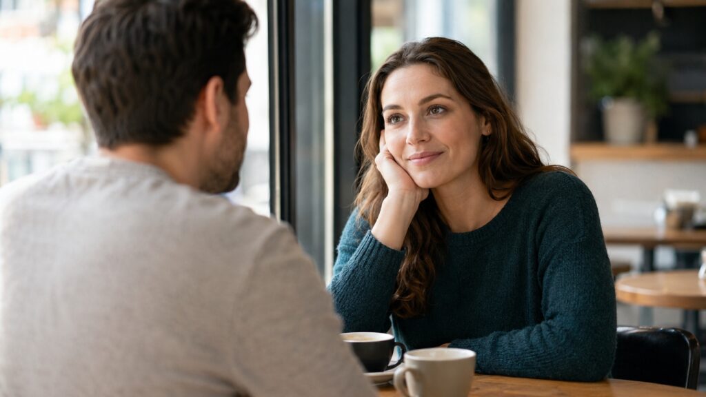 A woman and a man having a calm coffee date, reflecting hope and honest conversation while dating after herpes diagnosis.