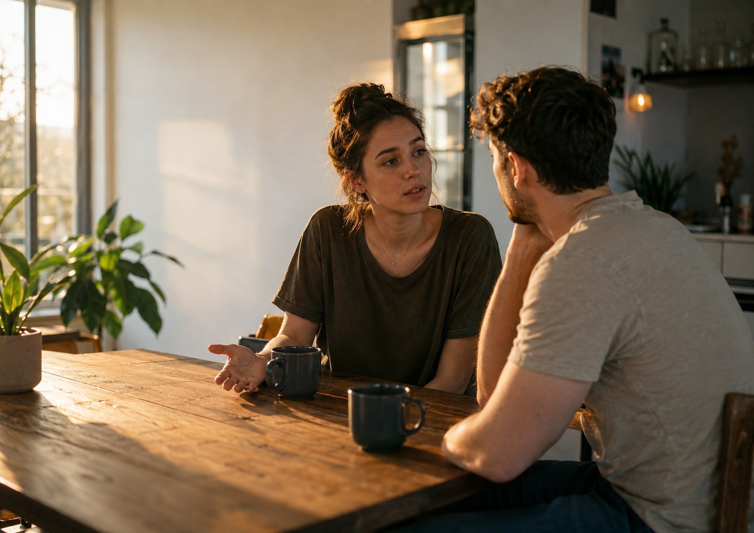 A couple having an honest conversation at home about dating, herpes risk, personal boundaries, and informed relationship choices.