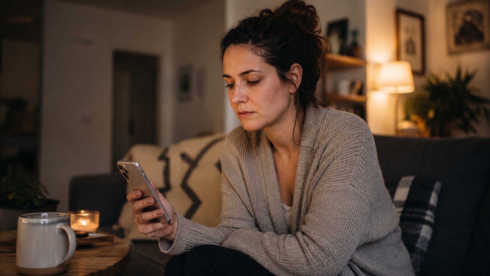 Woman reading a difficult message on her phone after being rejected following herpes disclosure