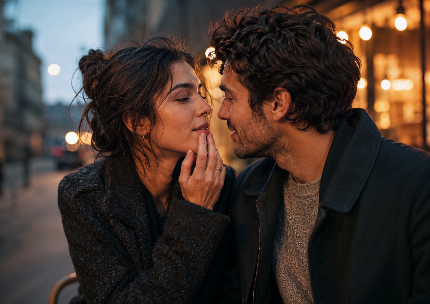 Couple pausing before a kiss while discussing a cold sore and HSV-1 dating boundaries