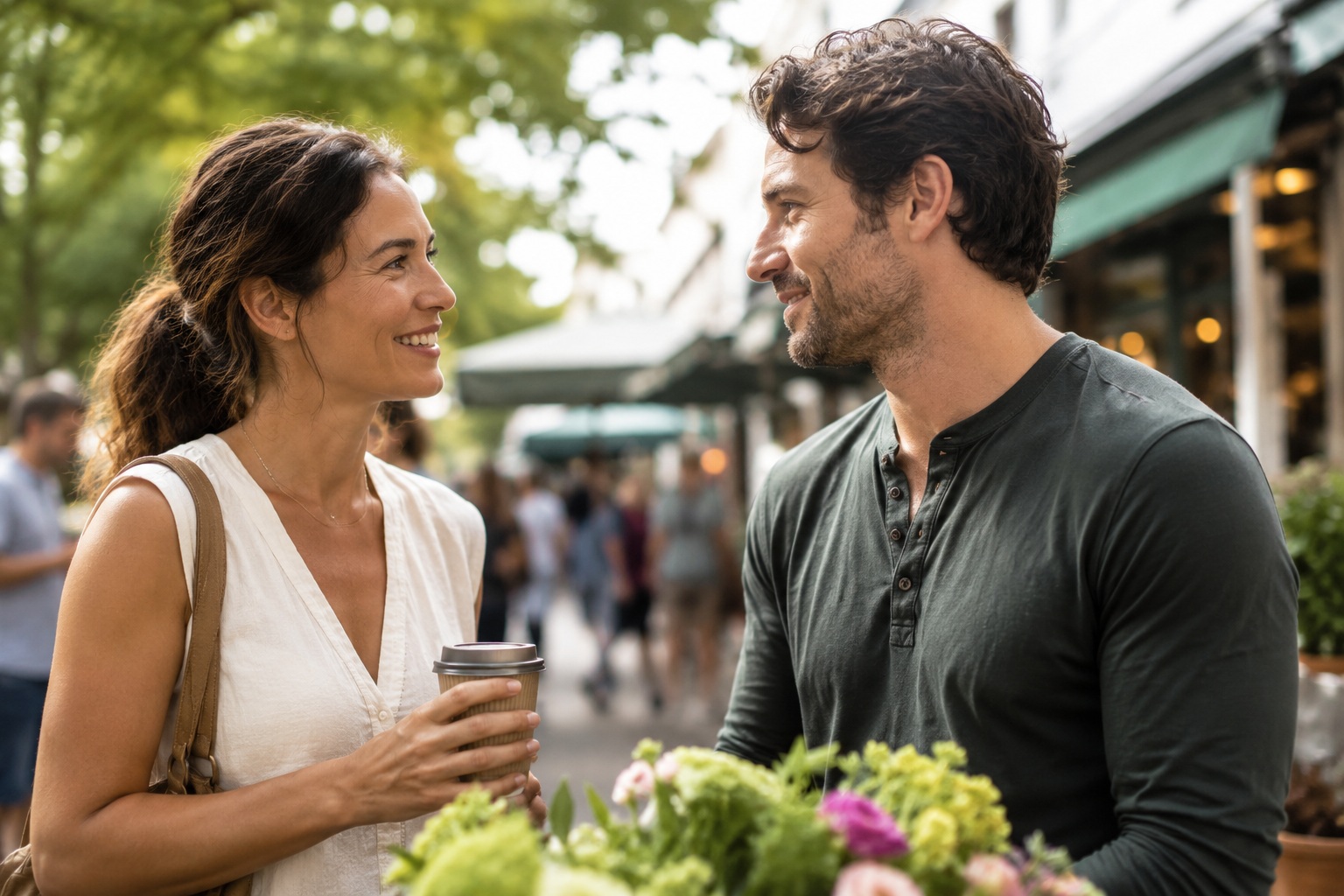 HSV singles having a natural conversation at an outdoor market while building a genuine dating connection