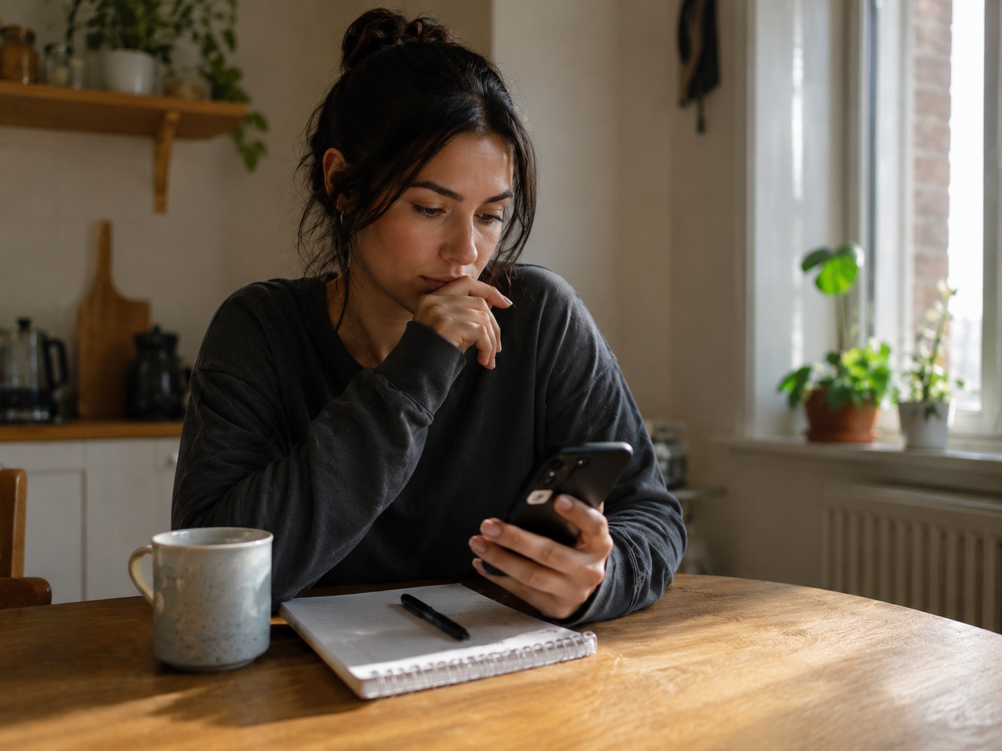 Woman reviewing a suspicious dating profile at home while learning how to avoid herpes dating scams