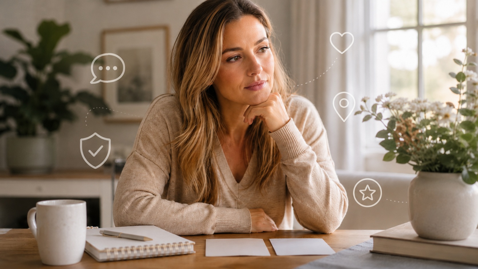 Woman considering an HSV dating platform with dating, privacy, location, messaging, and review icons around her.