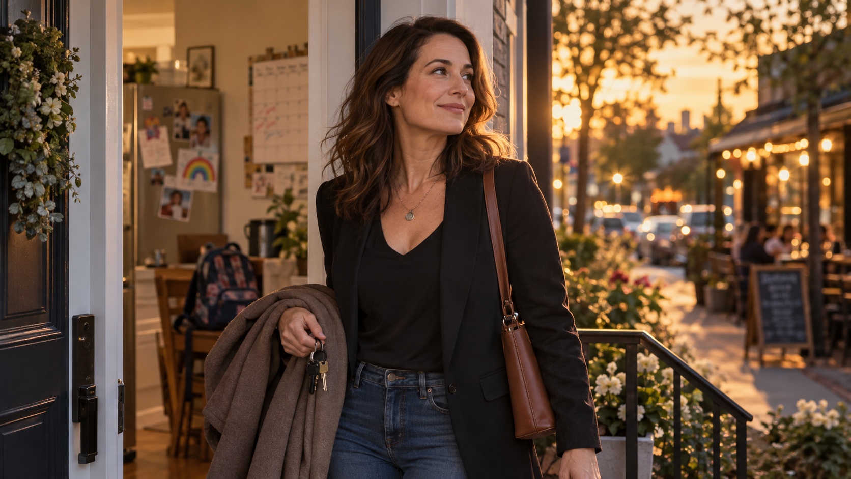 Divorced woman leaving home at sunset with keys in hand, symbolizing a fresh start in dating after herpes.